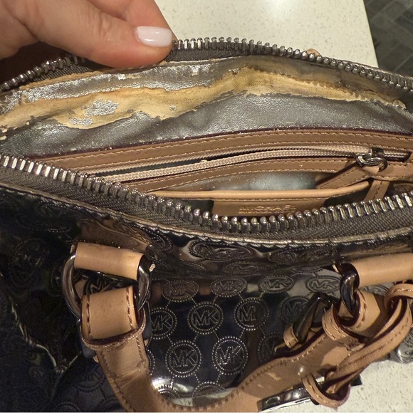 Michael Kors Shiny Silver and Tan Satchel - Picture 9 of 14